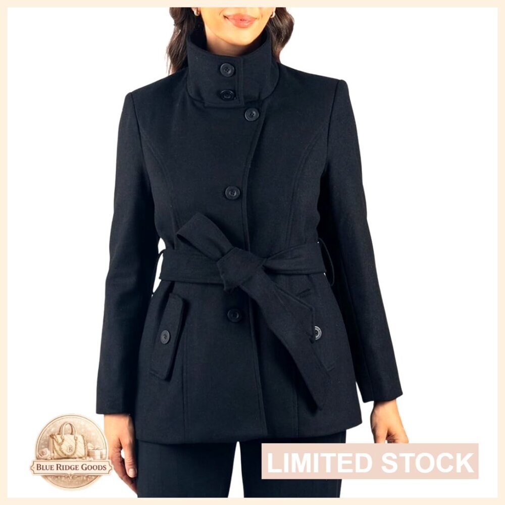 Wool Blend Peacoat Convertible Funnel Neck Removable Belt 3-in-1 Chic Classic
